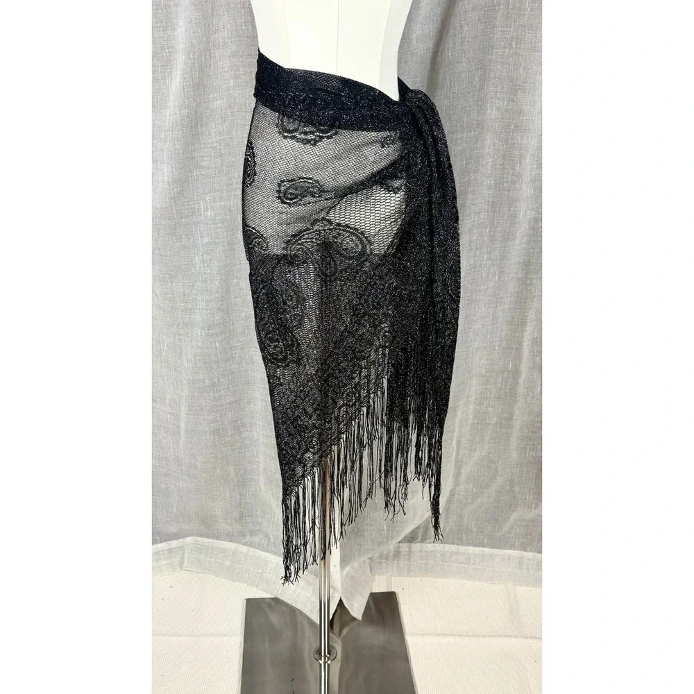 Paisley Black Metallic Shawl With Fringe Sheer Sparkle Witchy Boho Festival OS